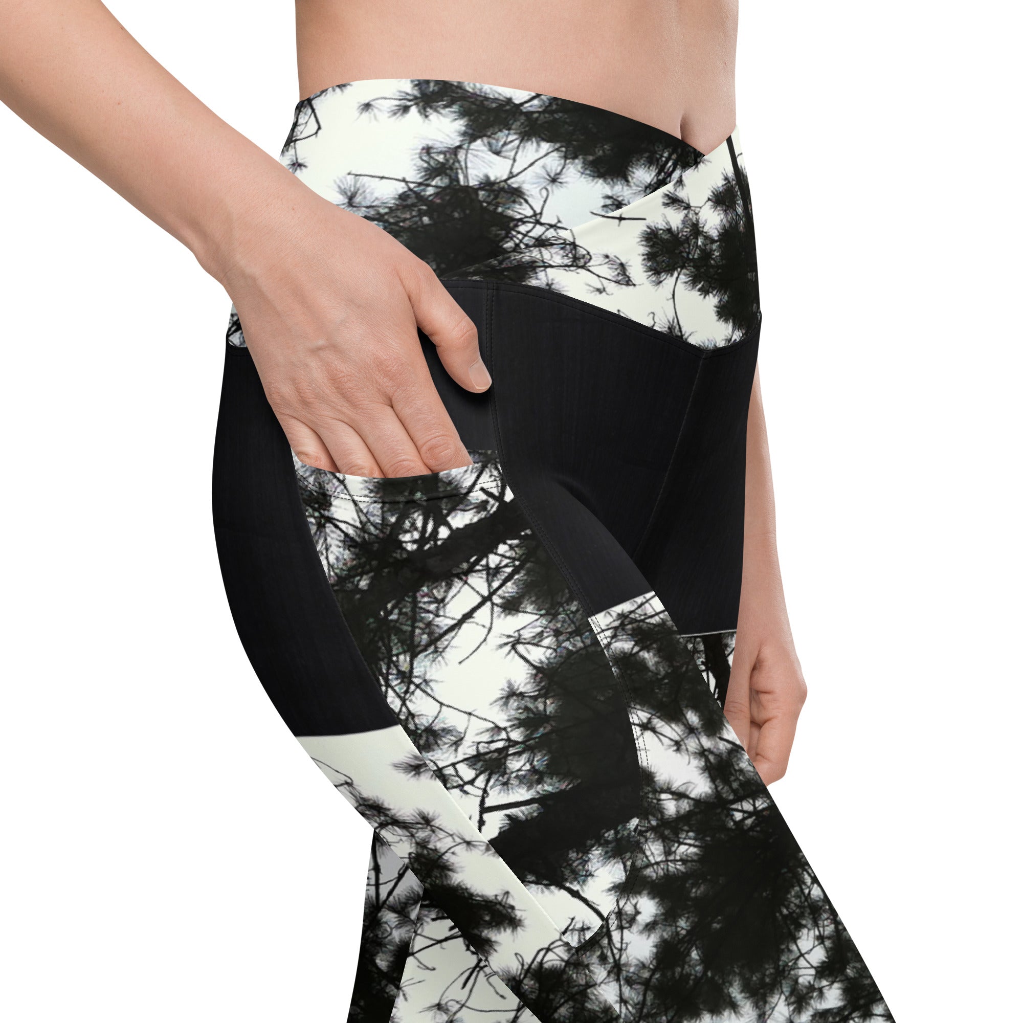 Workout or Dance Leggings with Pockets. Crossover Waist Yoga Pants- Black & White Leggings. WickedYo.